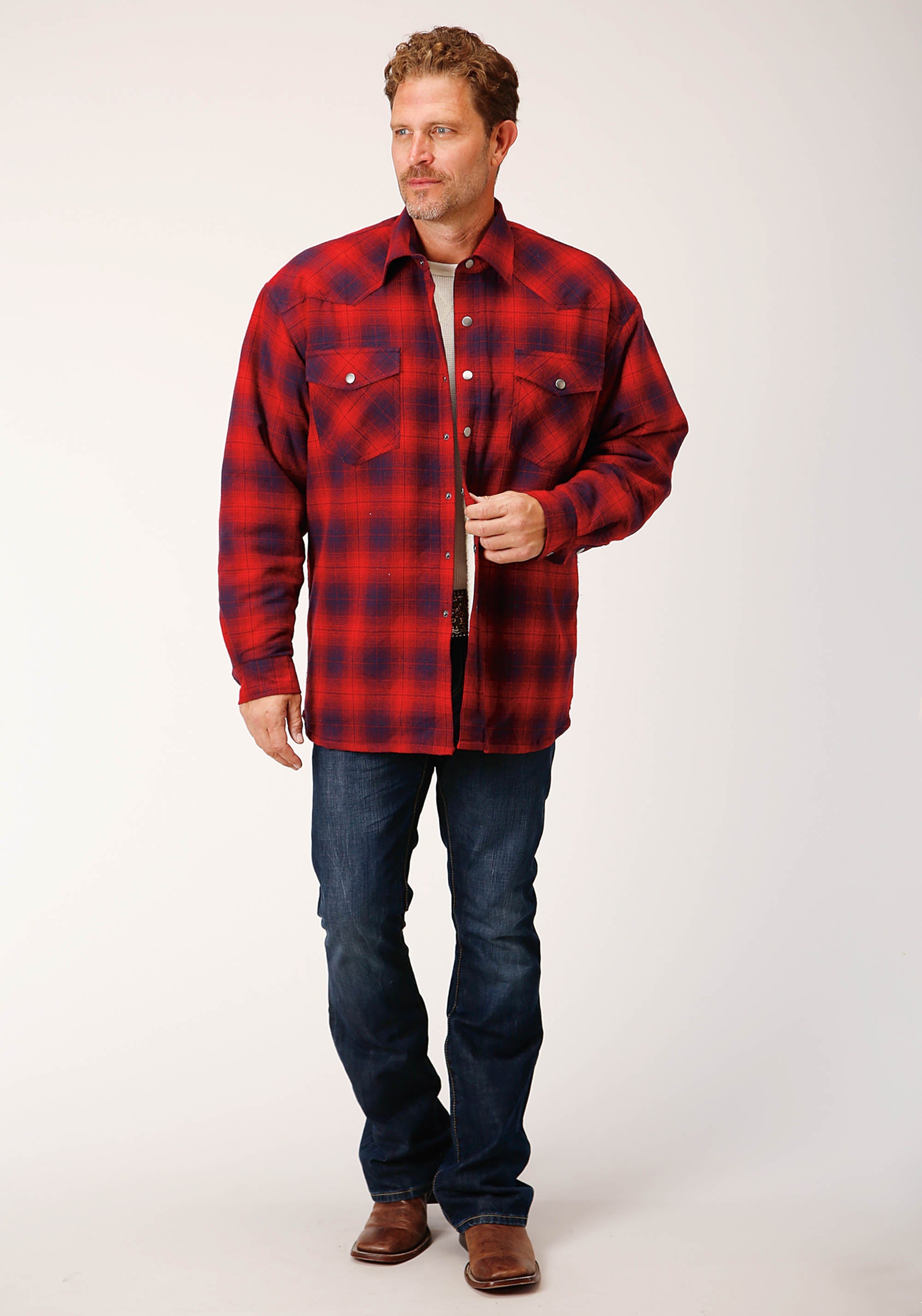 Roper Mens Long Sleeve Snap Sherpa Lined Flannel Shirt Jacket