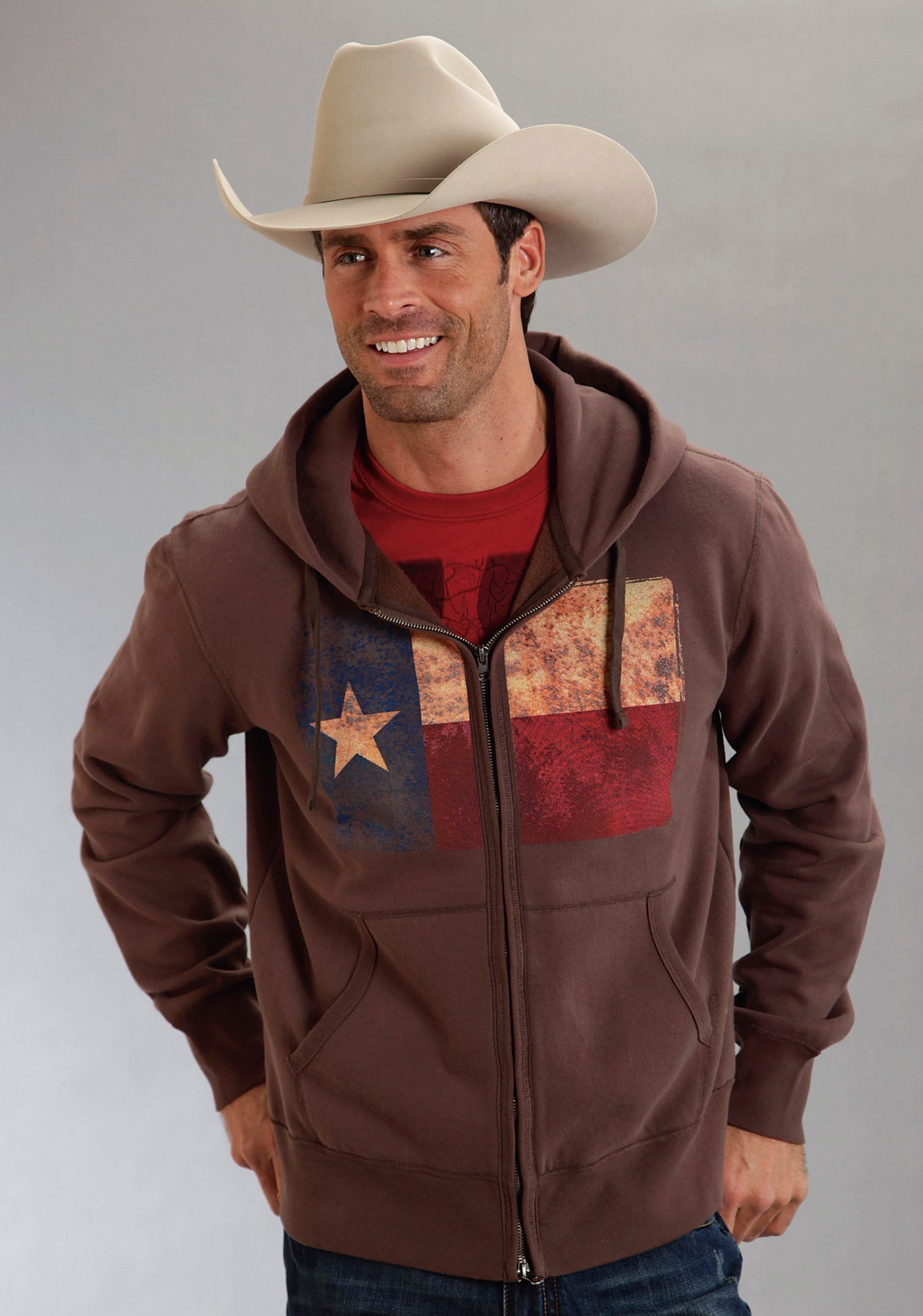 Roper Mens Brown With Texas Flag Screen Print Pullover Hooded Sweatshirt