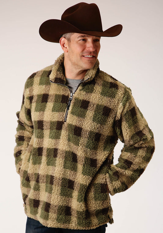 Roper Mens Grey Brown Check Print Polar Fleece Pullover - Roper