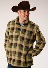 Roper Mens Grey Brown Check Print Polar Fleece Pullover