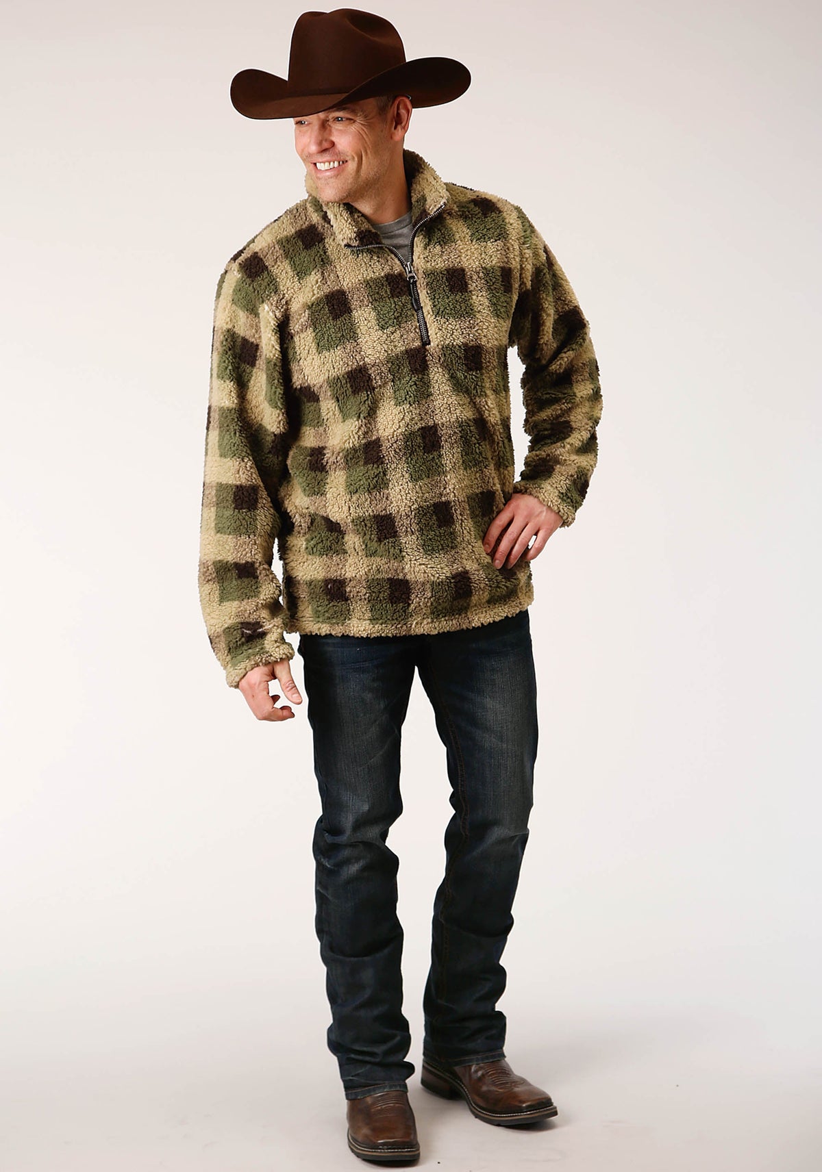 Roper Mens Grey Brown Check Print Polar Fleece Pullover - Flyclothing LLC