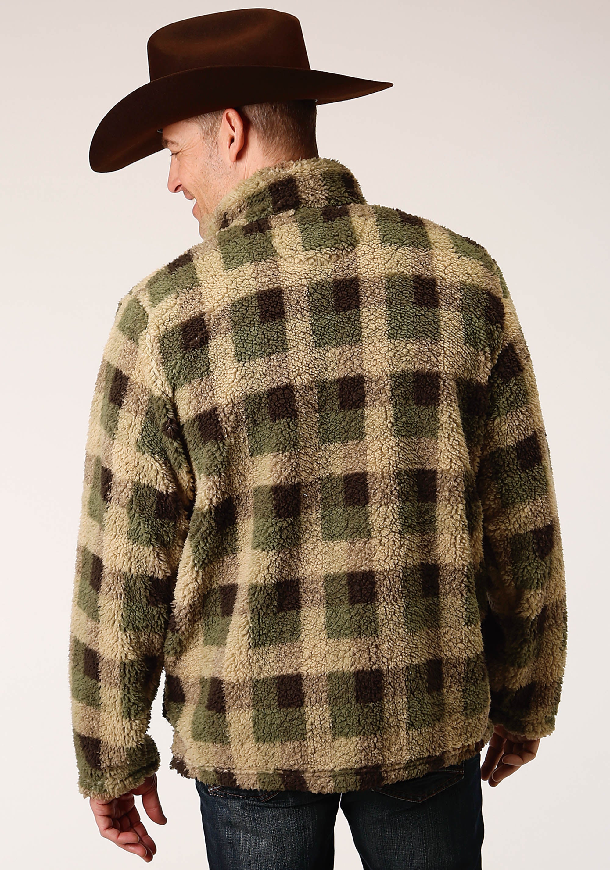 Roper Mens Grey Brown Check Print Polar Fleece Pullover