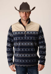 Roper Mens Navy Aztec Print Micro Fleece Pullover