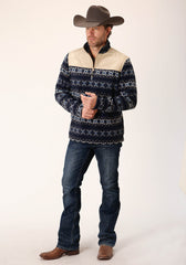 Roper Mens Navy Aztec Print Micro Fleece Pullover