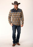 Roper Mens Orange Aztec Print Micro Fleece Pullover - Flyclothing LLC