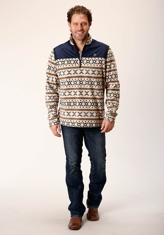 Roper Mens Cream Aztec Print Micro Fleece Pullover - Flyclothing LLC