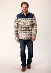 Roper Mens Cream Aztec Print Micro Fleece Pullover