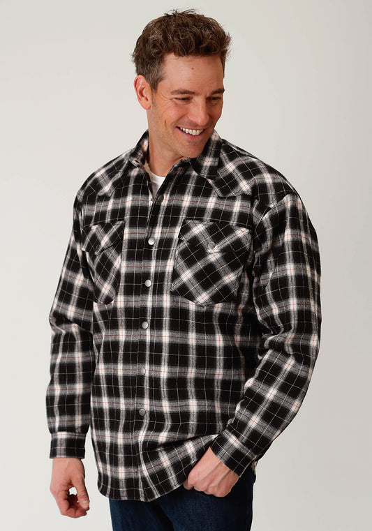 Roper Mens Black And Cream Plaid Quilt Lined Snap Western Shirt Jacket - Tall Fit