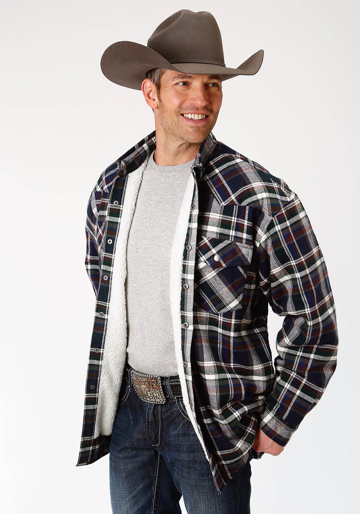 Roper Mens Grey Navy And Brown Plaid Sherpa Lined Flannel Snap Western Shirt Tall Fit