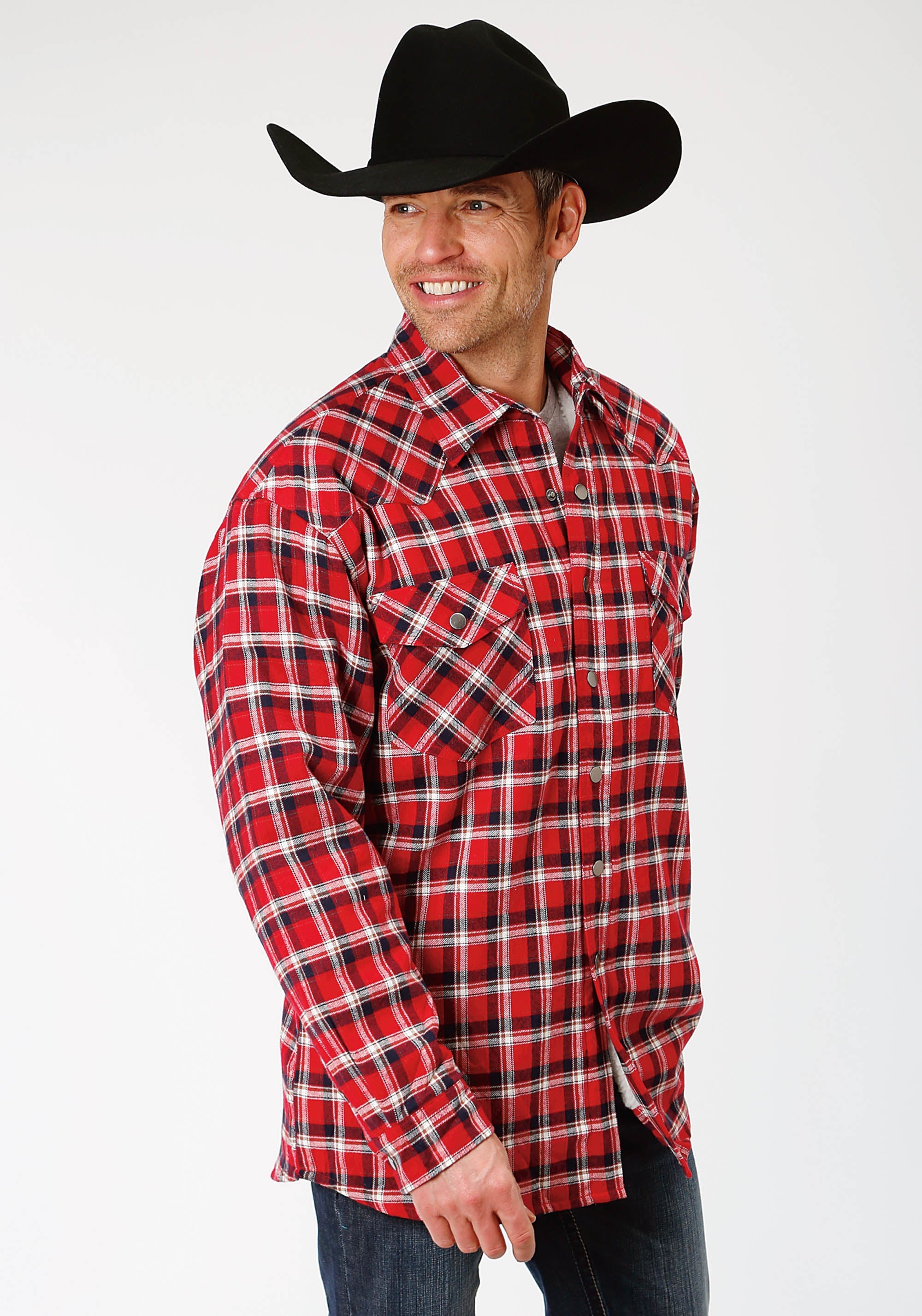 Roper Mens Navy Red And White Plaid Flannel Sherpa Lined Snap Western Shirt Jacket - Tall Fit
