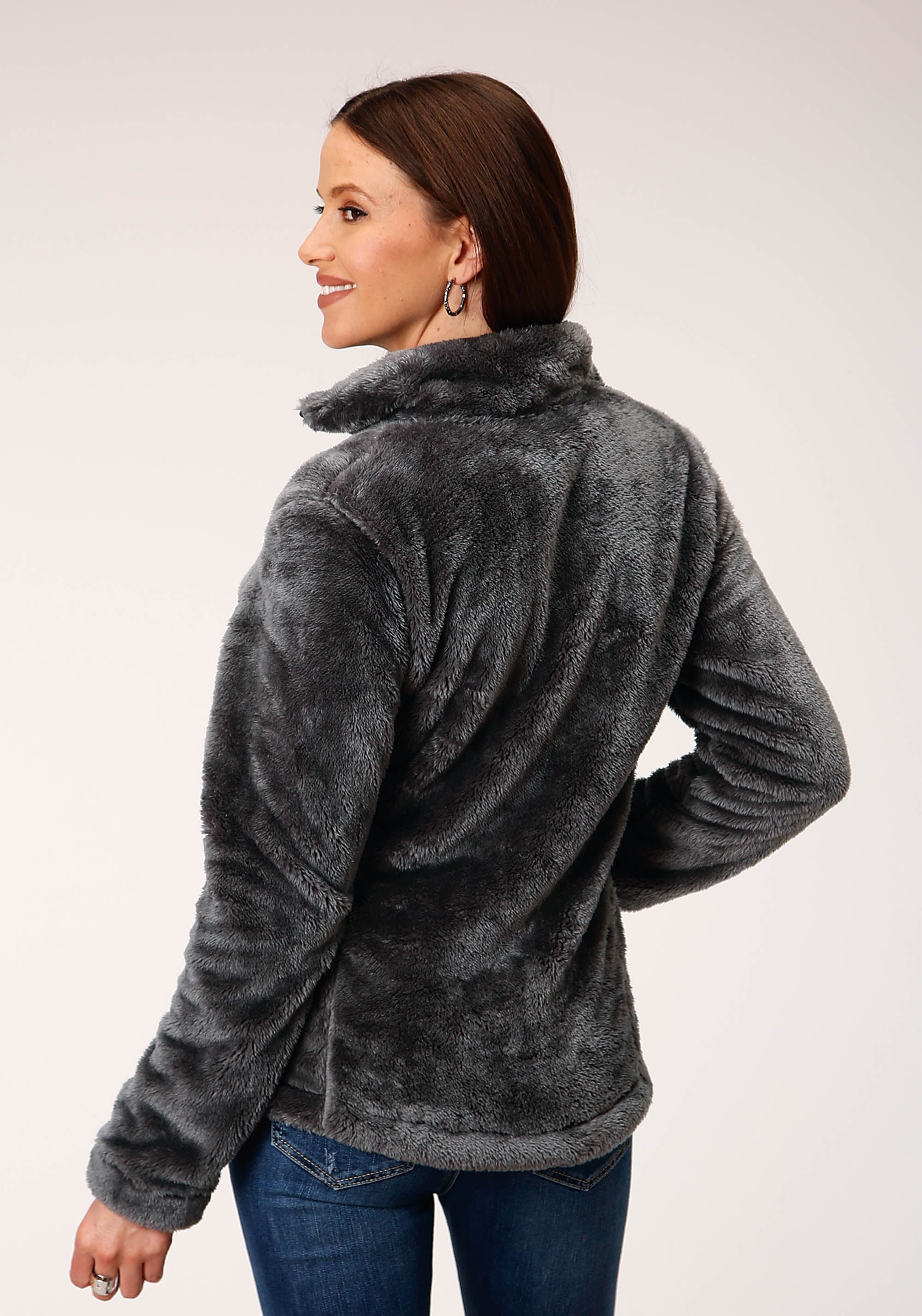 Roper Womens Charcoal Grey 2 Sided Fuzzy Fleece Pullover