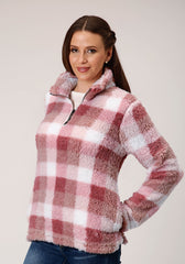 Roper Womens Pink Buffalo Plaid Polar Fleece Pullover