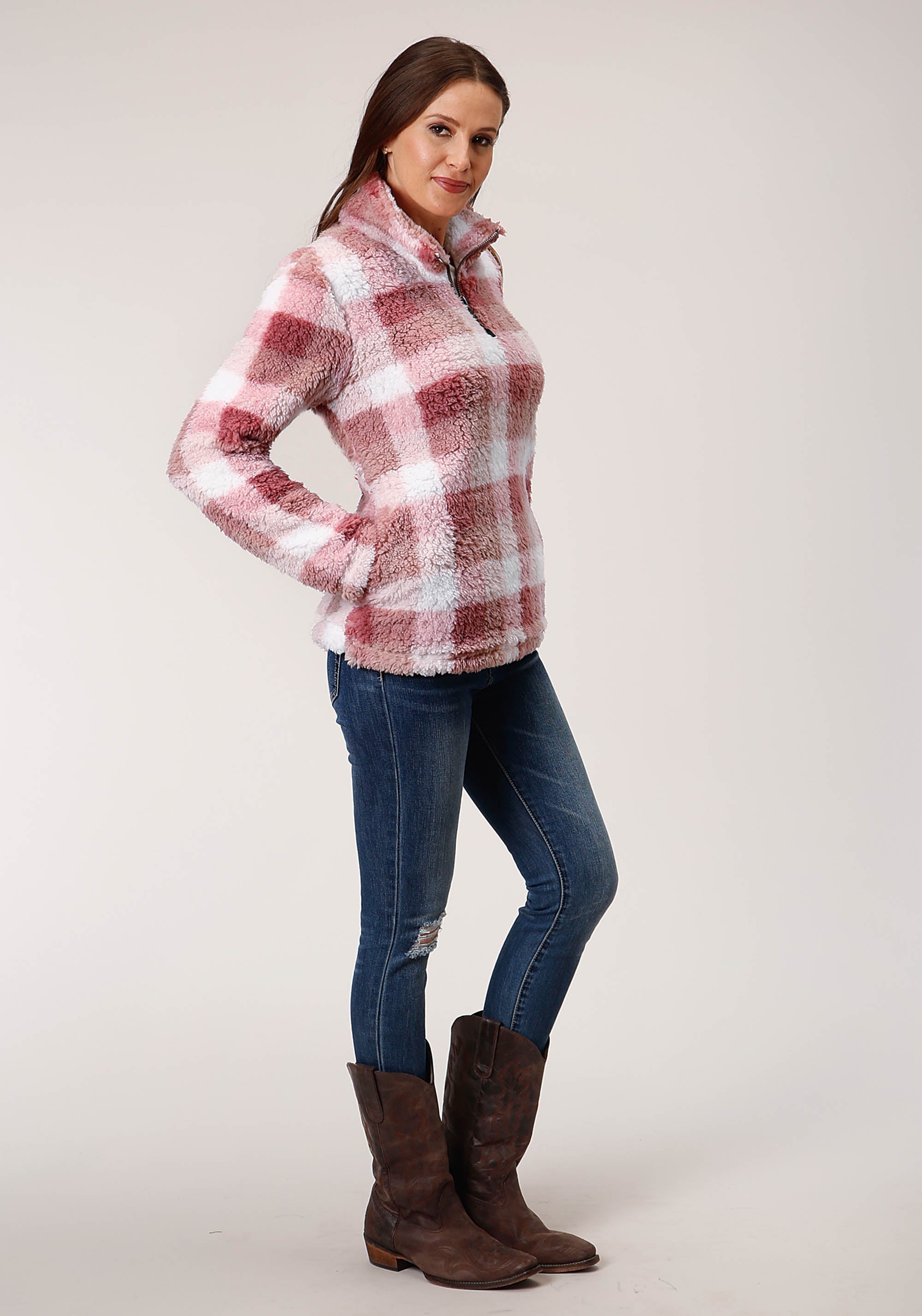 Roper Womens Pink Buffalo Plaid Polar Fleece Pullover - Flyclothing LLC