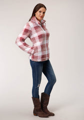 Roper Womens Pink Buffalo Plaid Polar Fleece Pullover