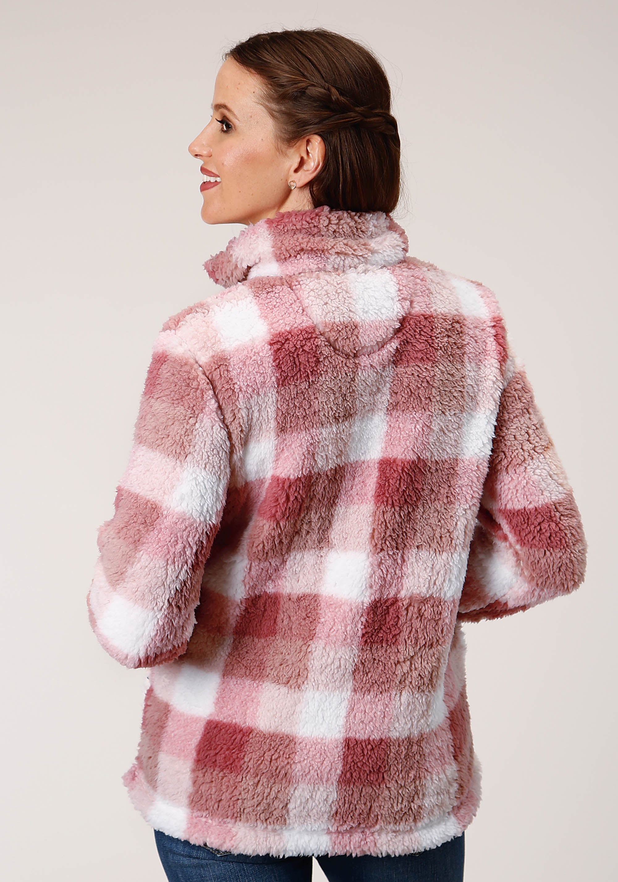 Roper Womens Pink Buffalo Plaid Polar Fleece Pullover