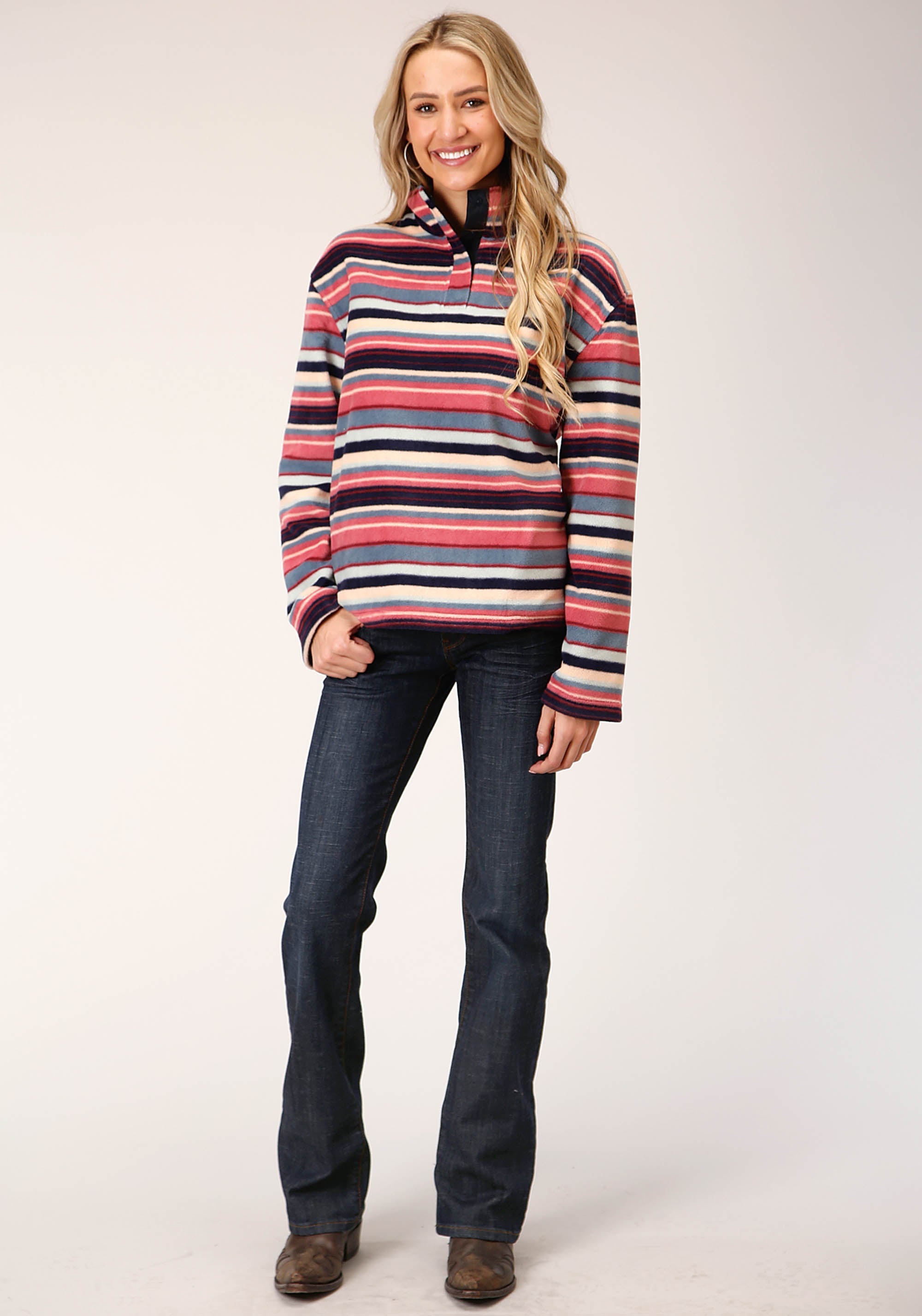 Roper Womens Horizontal Stripe Print Fleece Pullover - Flyclothing LLC