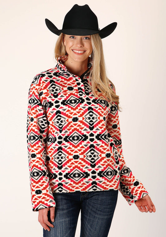 Roper Womens Grey Orange Pink Aztec Print Fleece Pullover