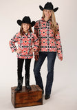 Roper Womens Grey Orange Pink Aztec Print Fleece Pullover - Flyclothing LLC