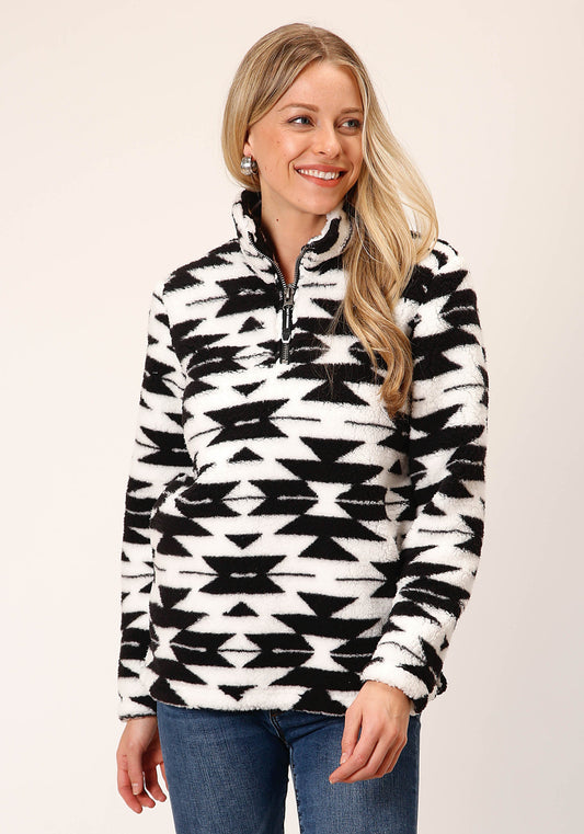 Roper Womens Black White Aztec Polar Fleece Pullover