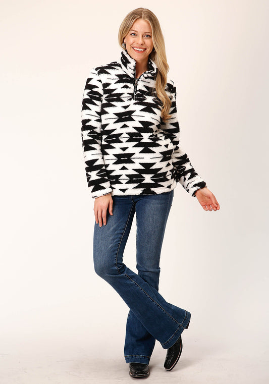 Roper Womens Black White Aztec Polar Fleece Pullover - Flyclothing LLC