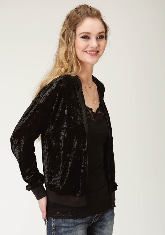 Roper Womens Solid Black Crushed Velvet Bomber Jacket