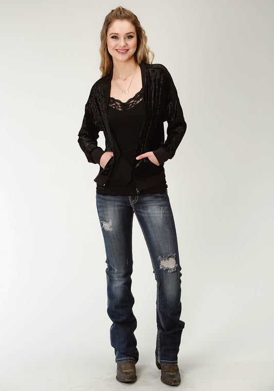 Roper Womens Solid Black Crushed Velvet Bomber Jacket - Flyclothing LLC