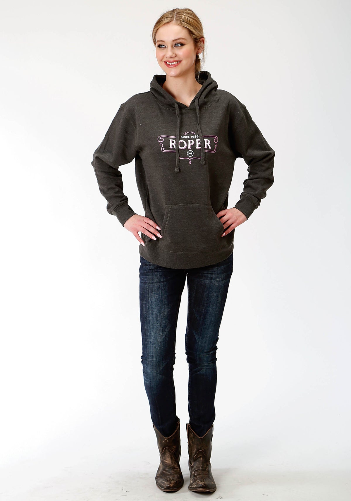 Roper Womens Grey Solid With Roper Screen Print Hooded Sweatshirt