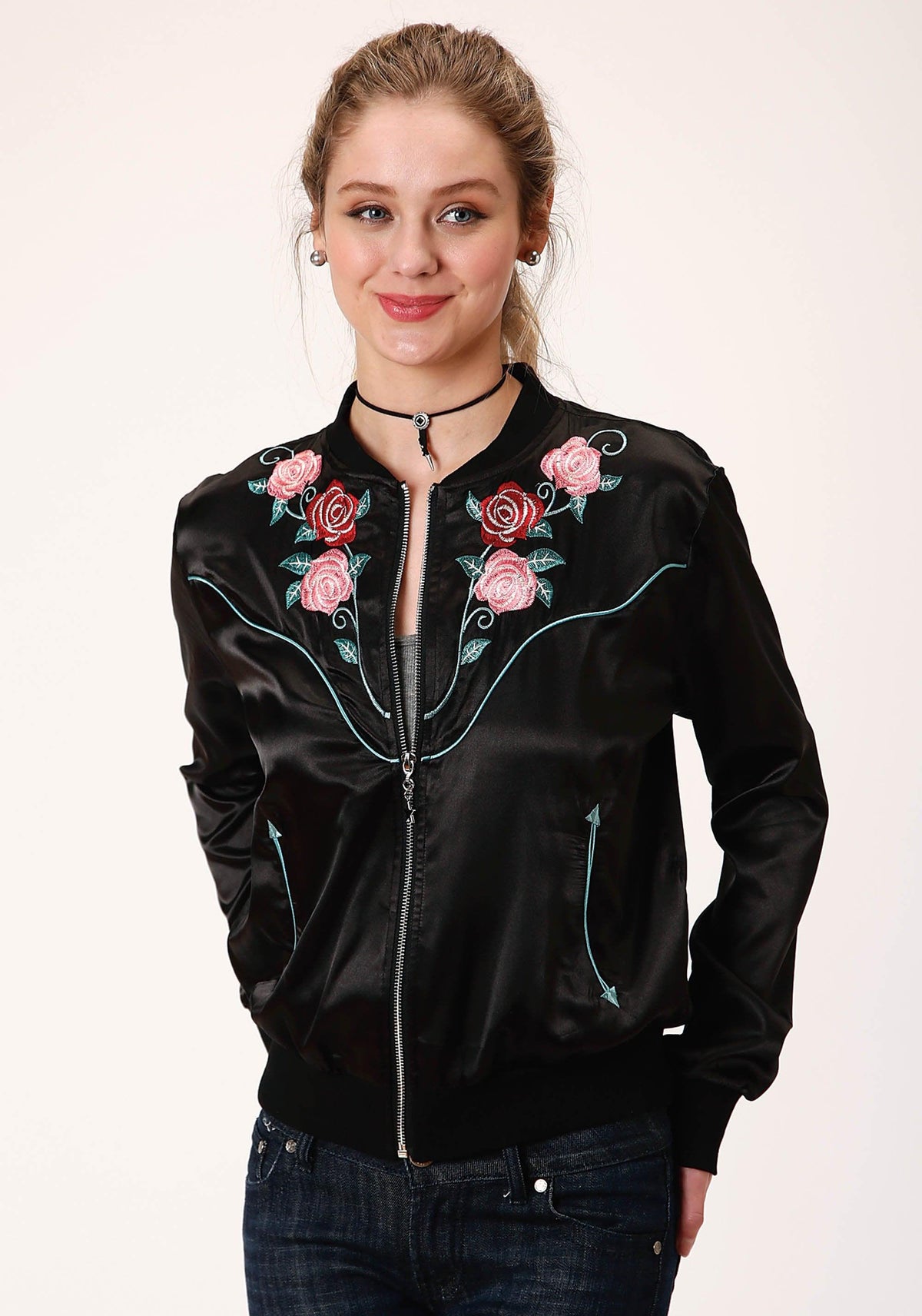 ROPER WOMENS BLACK WITH FLORAL EMBROIDERY ZIP FRONT JACKET - Flyclothing LLC