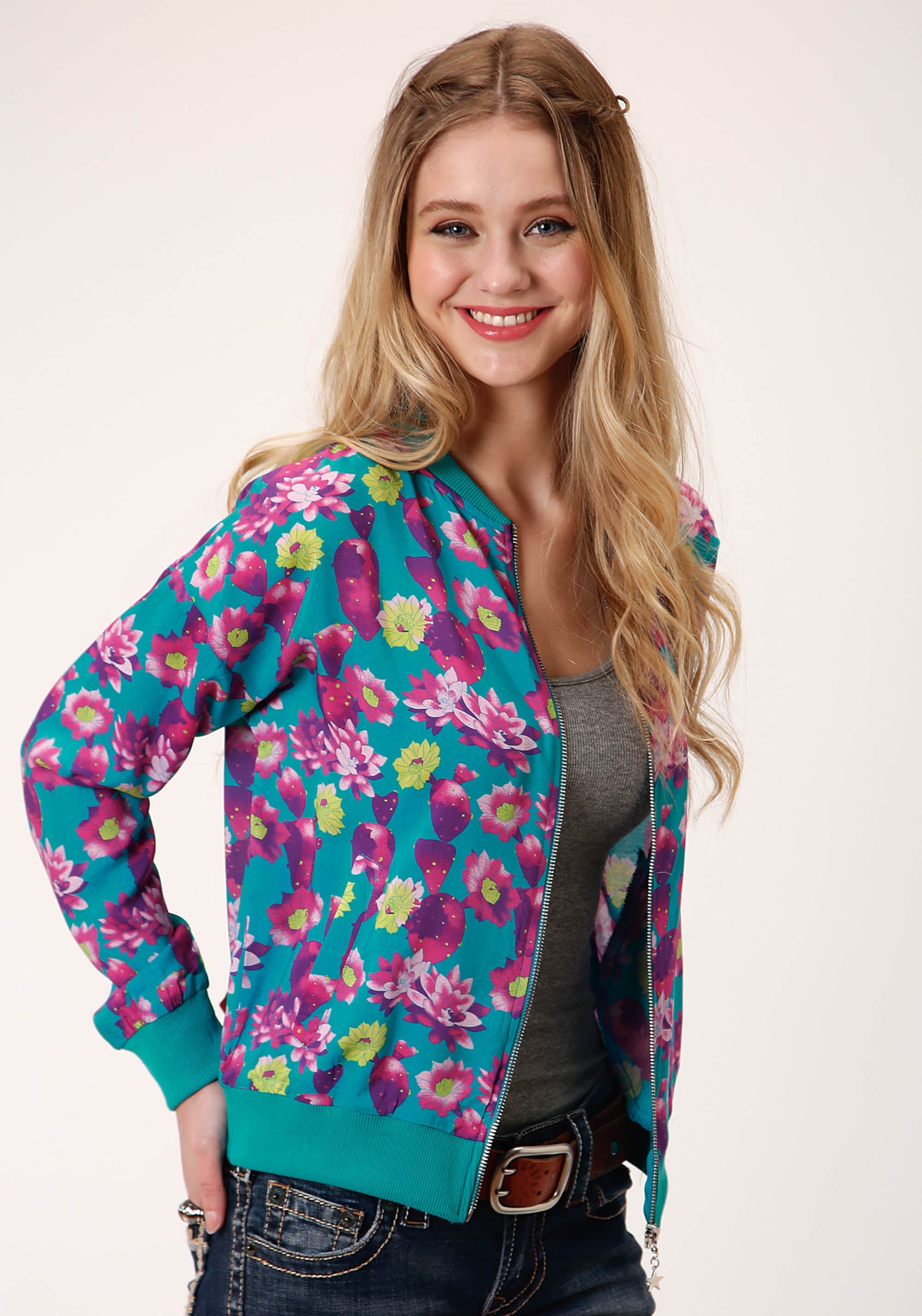 Roper Womens Turquoise Pink And Yellow Floral Print Zip Front Jacket