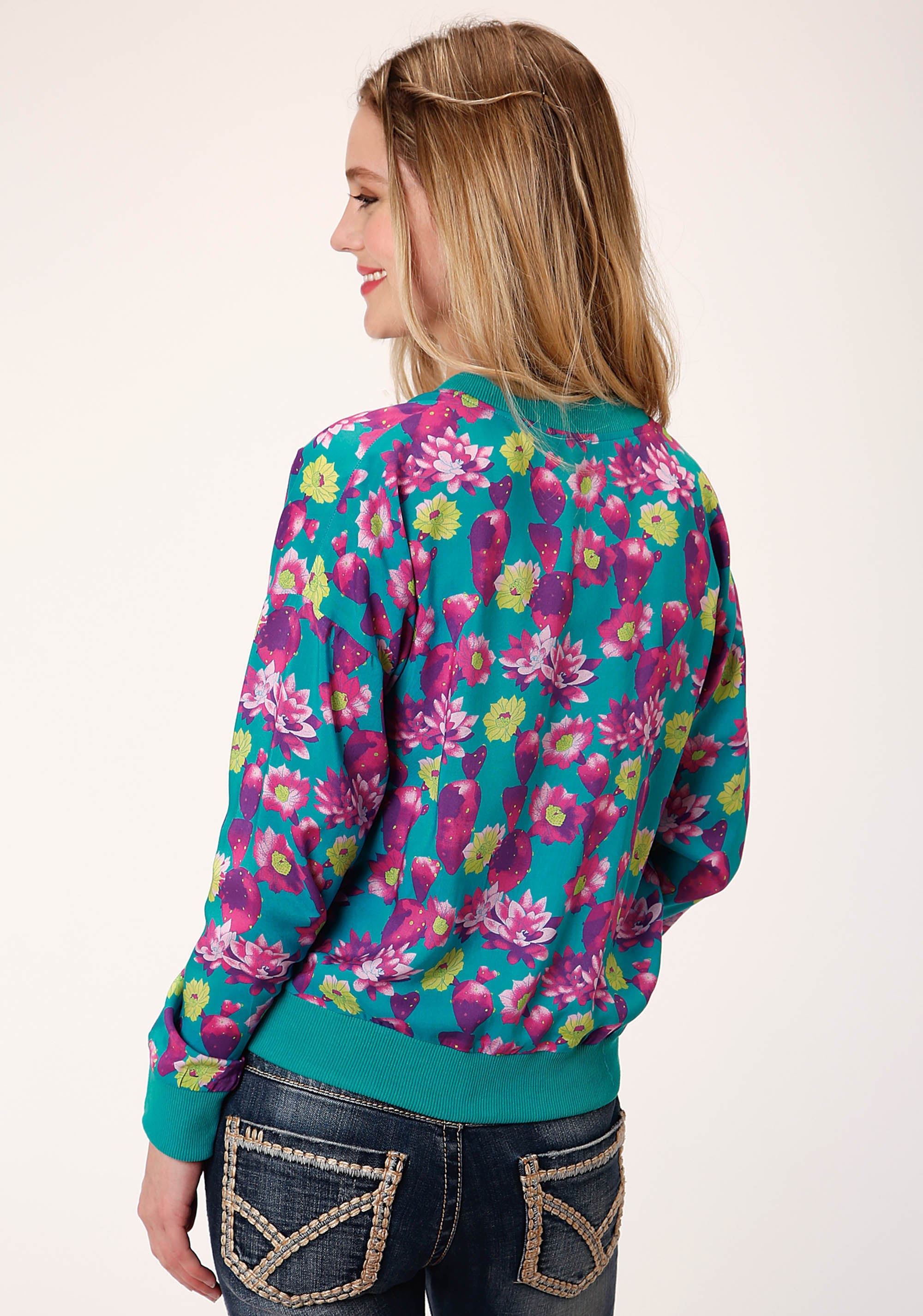 Roper Womens Turquoise Pink And Yellow Floral Print Zip Front Jacket