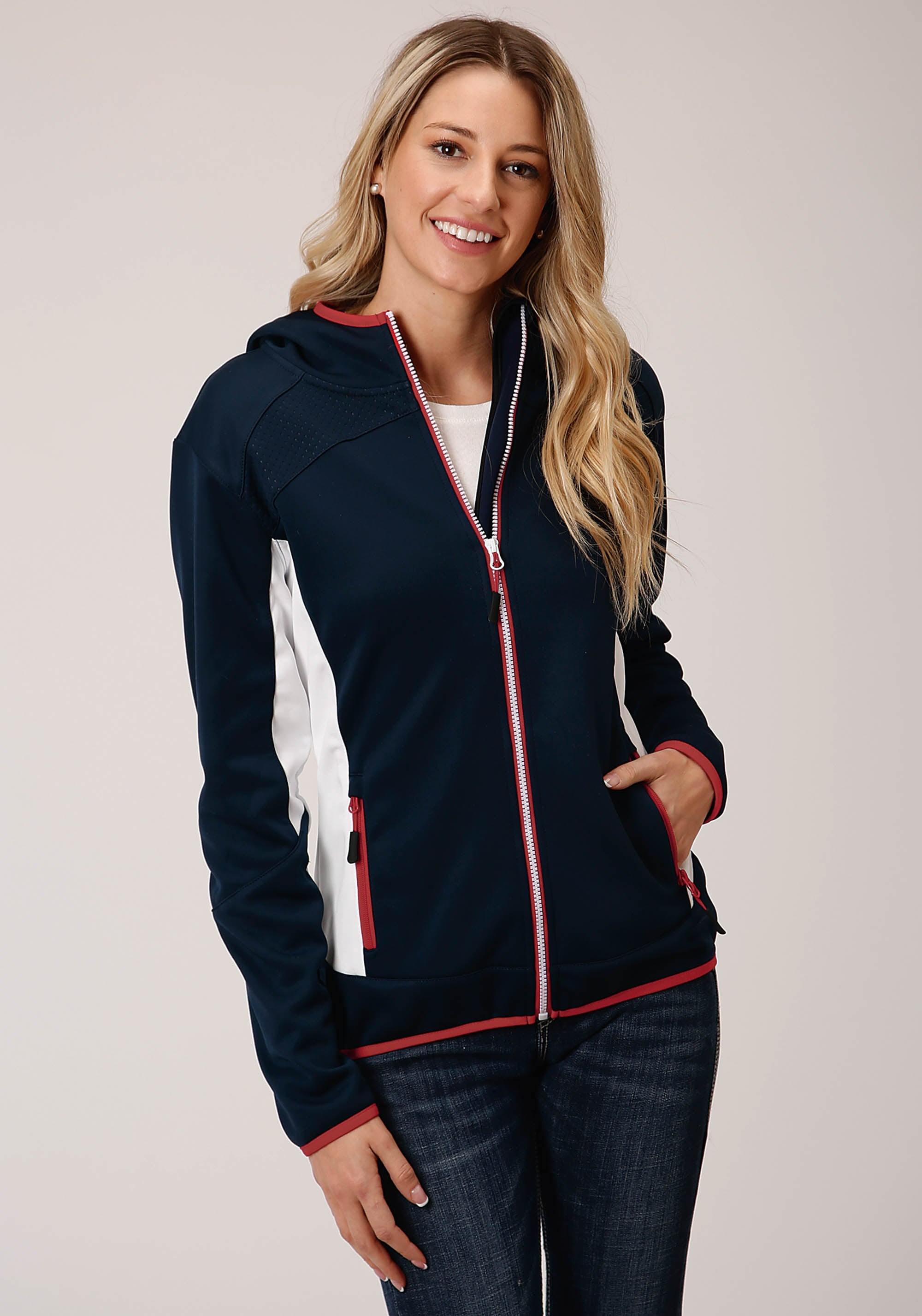 Roper Womens Navy White And Red Bonded Fleece Zip Front Jacket