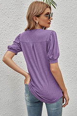 Notched Neck Puff Sleeve Tee - Flyclothing LLC