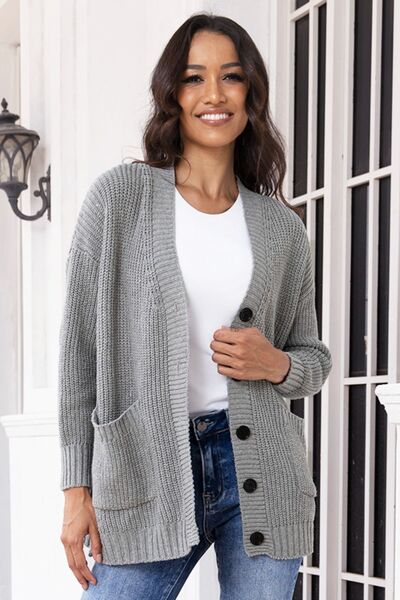 Button Up Long Sleeve Cardigan with Pockets - Flyclothing LLC