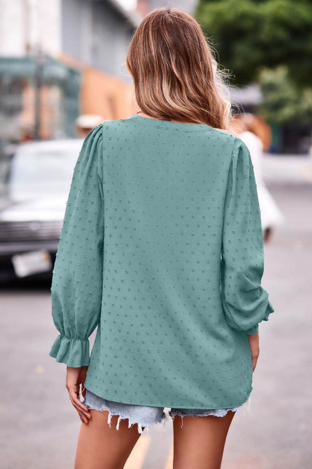 Swiss Dot Notched Neck Flounce Sleeve Blouse - Flyclothing LLC