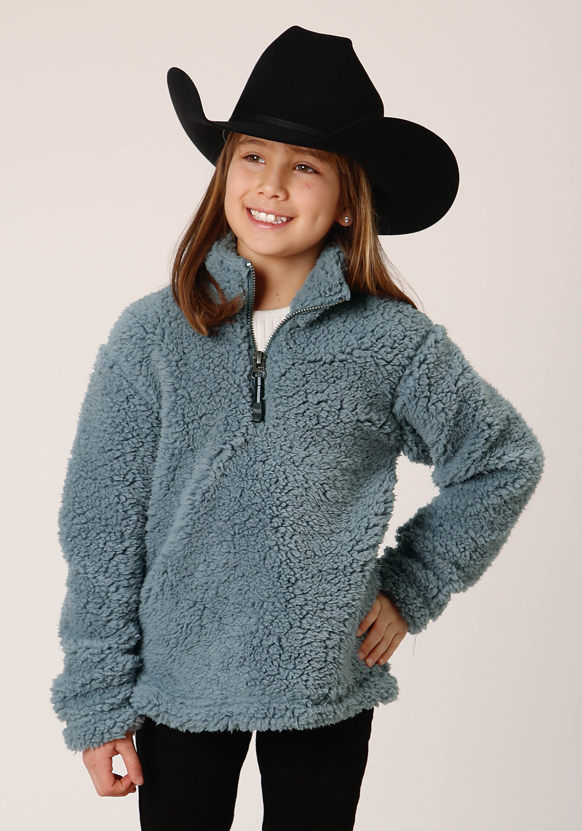 Roper Girls Womens Solid Steel Blue Polar Fleece Pullover