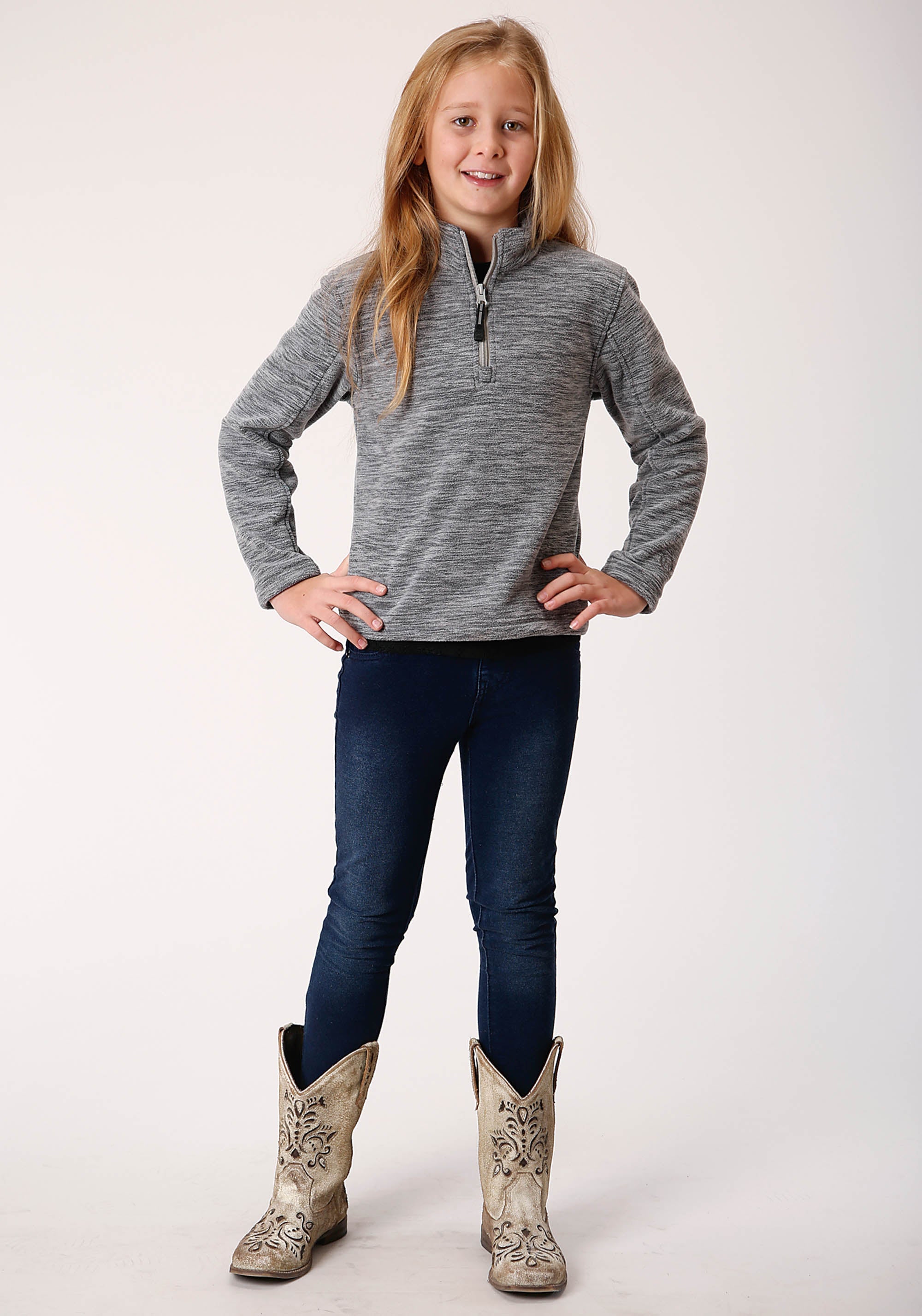 Roper Girls Heathered Grey Fleece 3/4 Zip Pullover