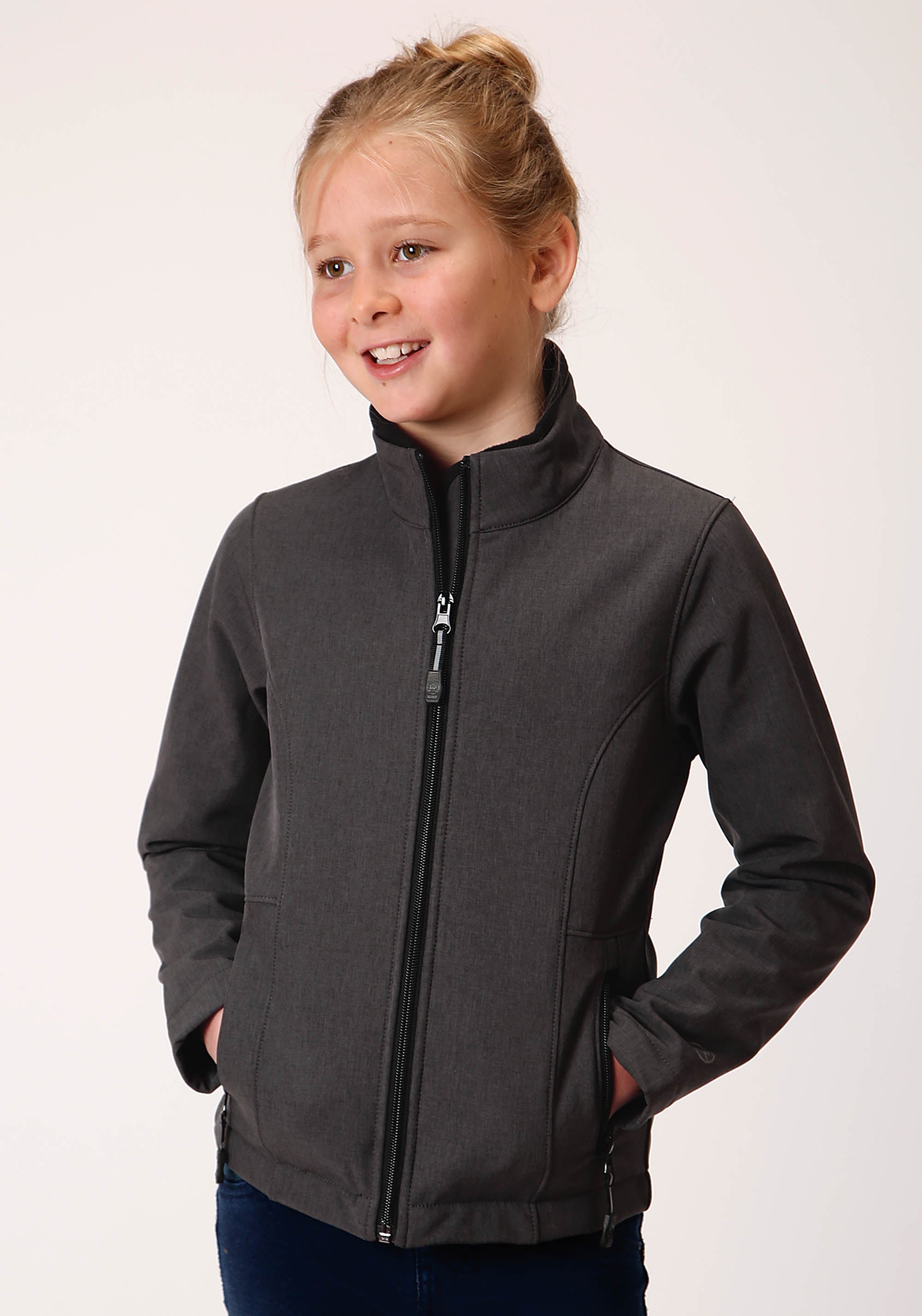 Roper Girls Heathered Gray Softshell With Gray Fleece Lining Zip Front Jacket