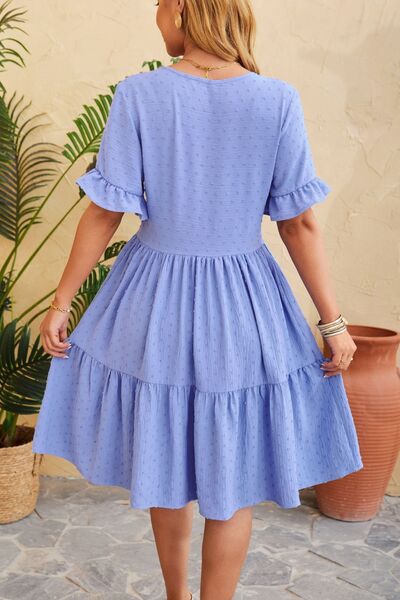 Swiss Dot Ruffled V-Neck Tiered Dress - Flyclothing LLC