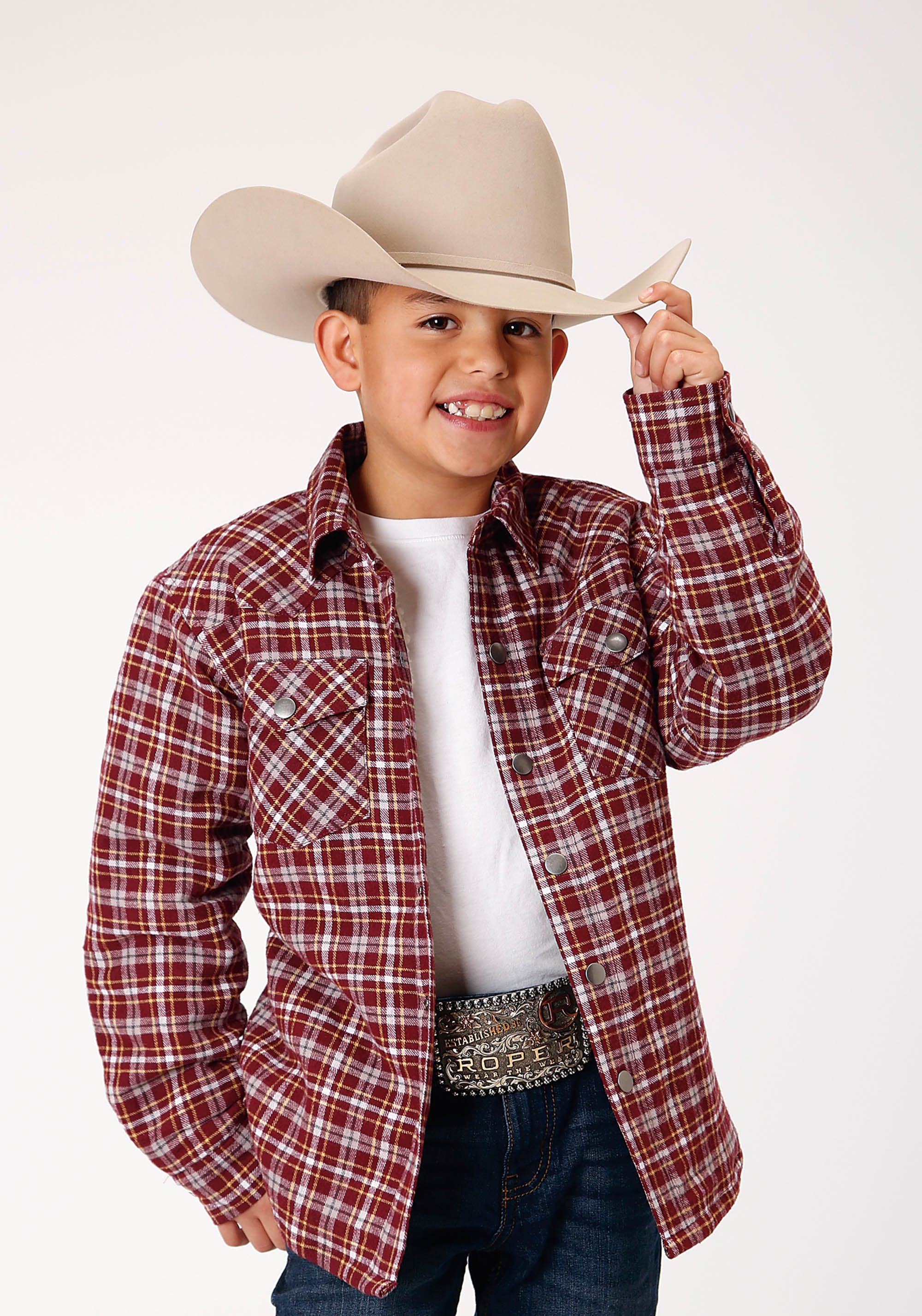 Roper Boys Long Sleeve Snap Cranberry Plaid Western Shirt Jacket