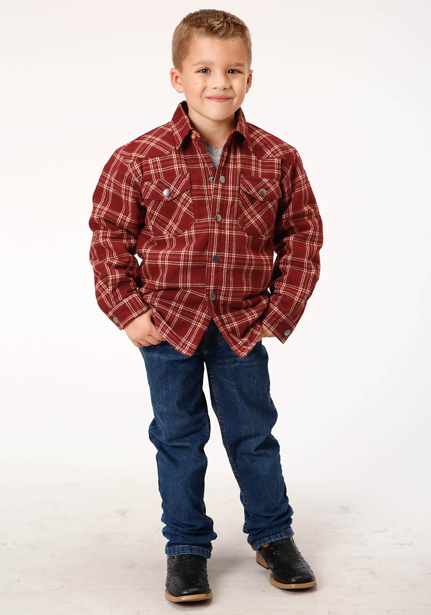 Roper Boys Long Sleeve Snap Cranberry Plaid Western Shirt Jacket