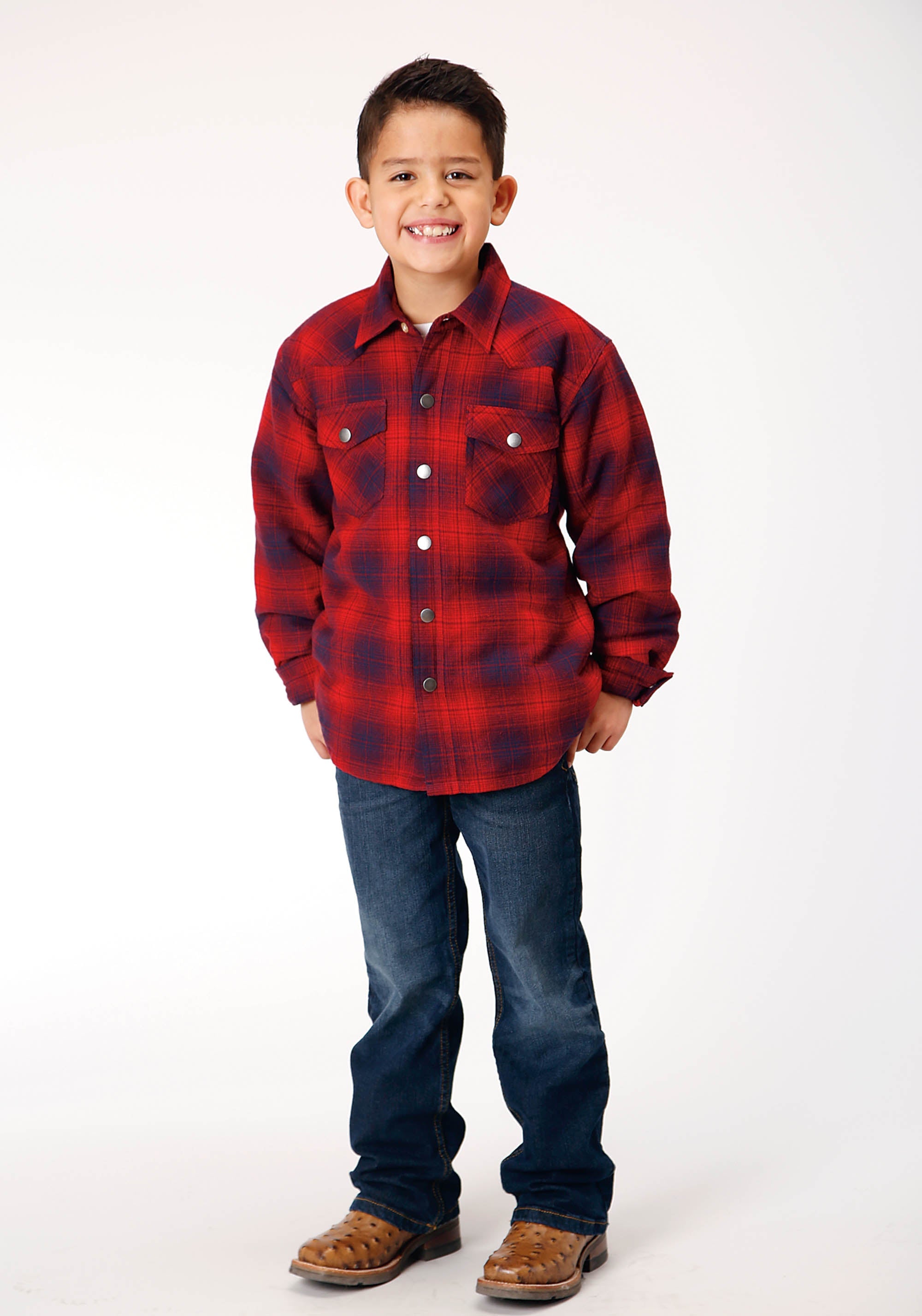 Roper Boys Long Sleeve Snap Cranberry Plaid Western Shirt Jacket - Flyclothing LLC