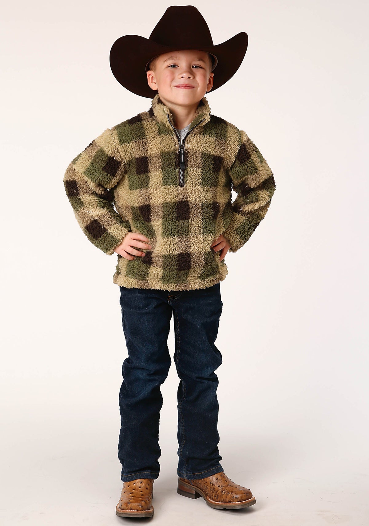 Roper Boys Polar Fleece Green Brown Check Print Pullover - Flyclothing LLC