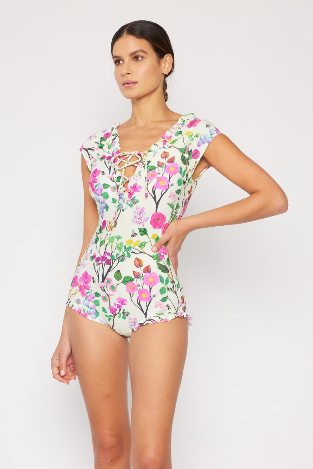 Marina West Swim Bring Me Flowers V-Neck One Piece Swimsuit Cherry Blossom  Cream - Floral / S
