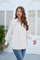 Puff Sleeve Collared Neck Shirt - Flyclothing LLC