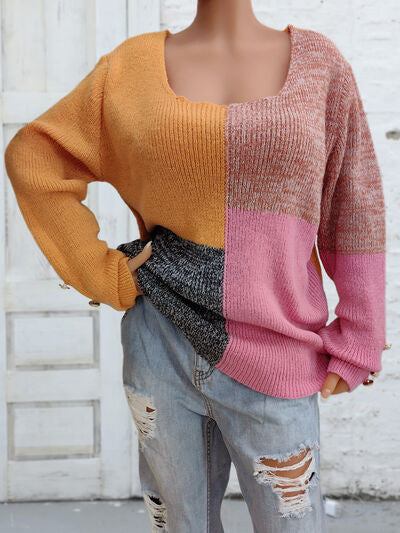 Color Block Decorative Button Long Sleeve Sweater - Flyclothing LLC