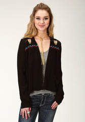 Roper Womens Black Solid With Embroidery Long Sleeve Cardigan - Roper