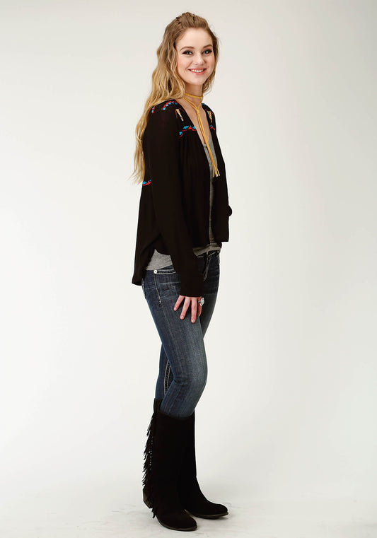 Roper Womens Black Solid With Embroidery Long Sleeve Cardigan