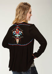 Roper Womens Black Solid With Embroidery Long Sleeve Cardigan