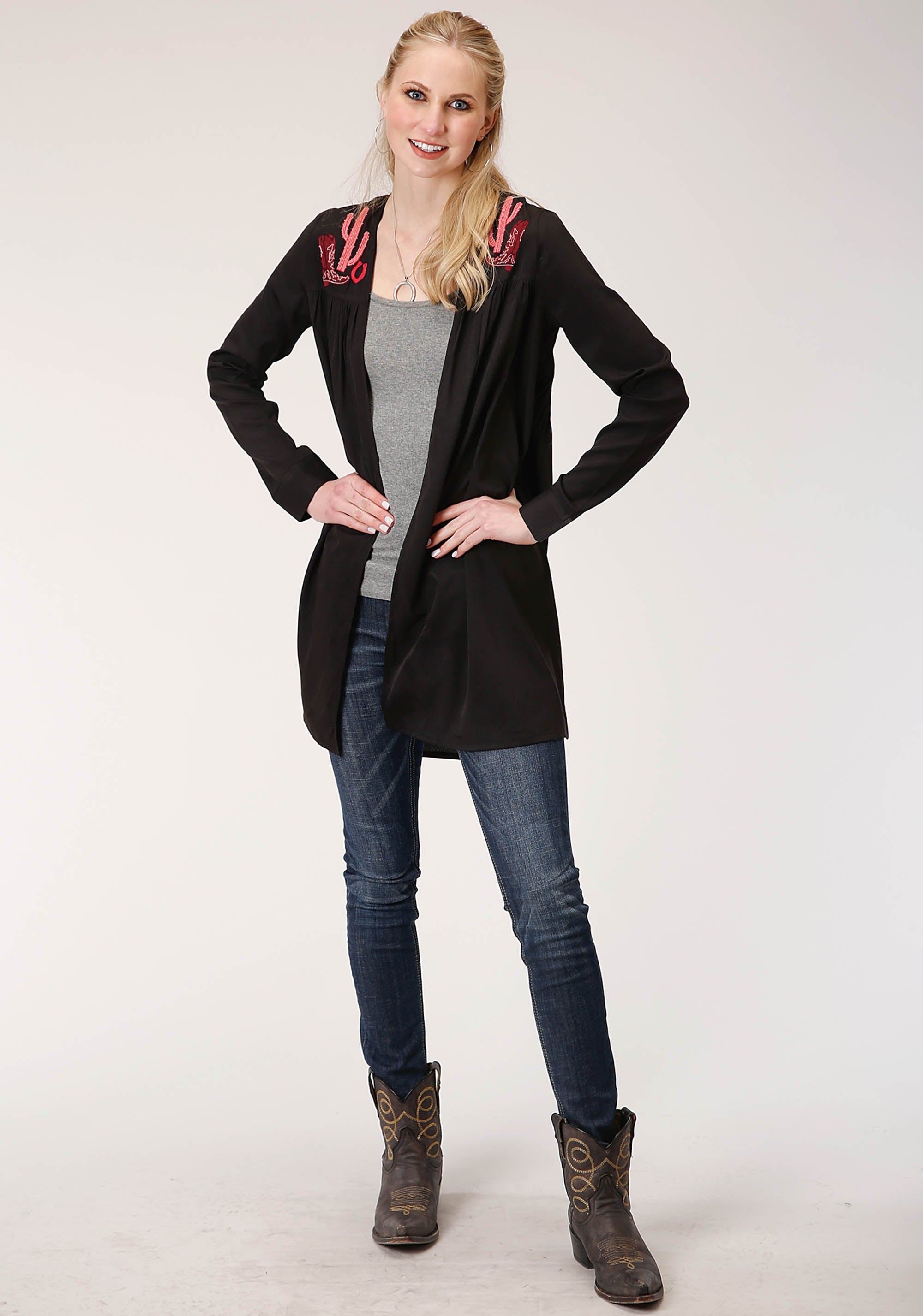 Roper Womens Poly Crepe Long Sleeve Cardigan - Roper