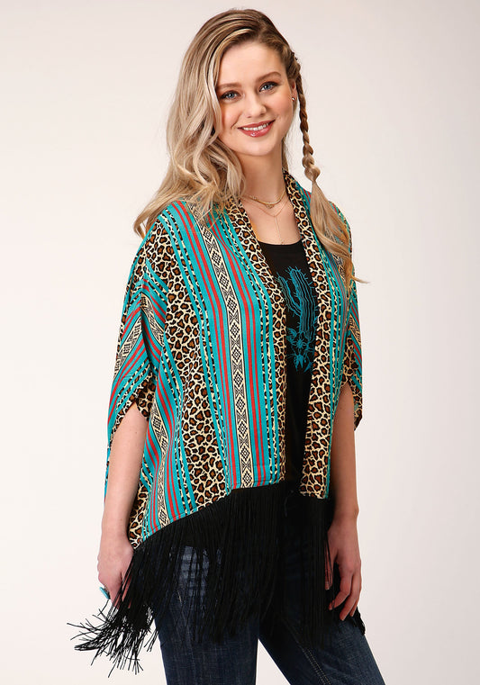 Roper Womens Leopard Stripe Print Rayon Poncho Cardigan - Roper